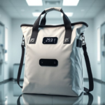 modern insulated thermal bag with temperature display, durable materials, and adjustable straps, sleek design in medical setting, high-quality insulation, minimalistic and professional