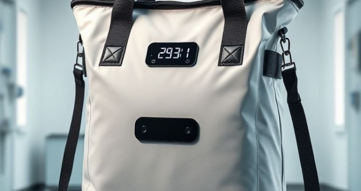 modern insulated thermal bag with temperature display, durable materials, and adjustable straps, sleek design in medical setting, high-quality insulation, minimalistic and professional