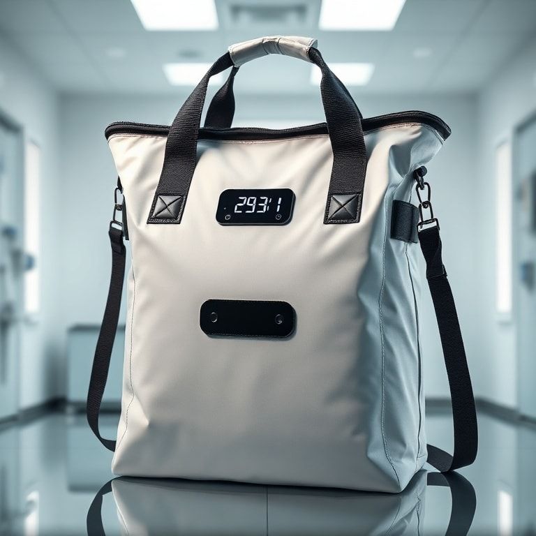 modern insulated thermal bag with temperature display, durable materials, and adjustable straps, sleek design in medical setting, high-quality insulation, minimalistic and professional