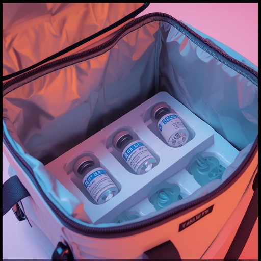choose - vaccine vials in a thermal bag with ice packs, temperature monitoring system, and padded handles, maintaining cold c