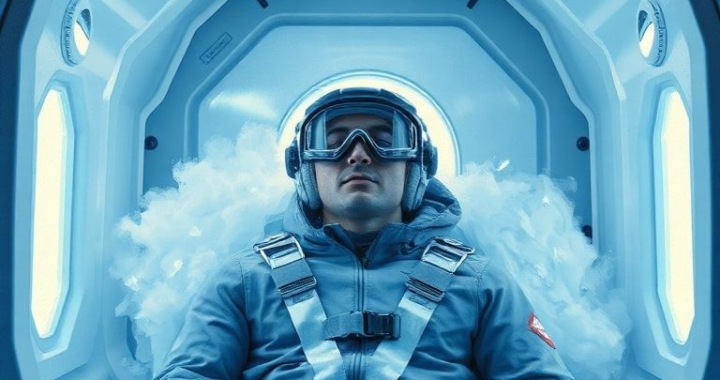 person receiving cryotherapy treatment in a specialized chamber, surrounded by cold vapor and wearing protective gear, futuristic and clinical setting, blue and white color scheme, modern technology