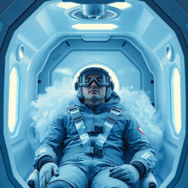 person receiving cryotherapy treatment in a specialized chamber, surrounded by cold vapor and wearing protective gear, futuristic and clinical setting, blue and white color scheme, modern technology
