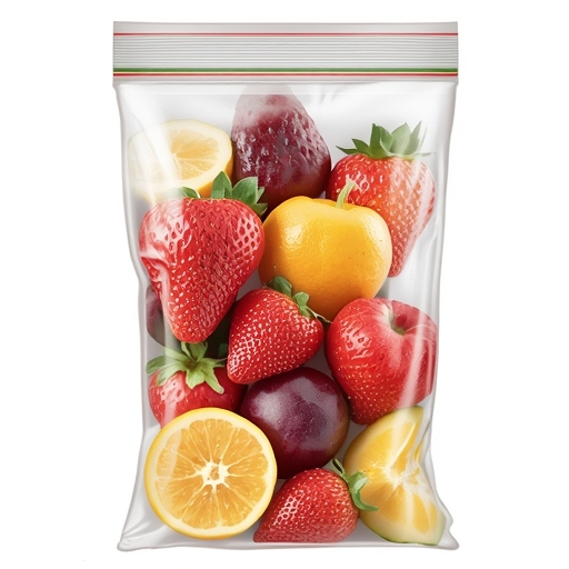 illustration of fresh fruits in a sealed ziplock bag, keeping them cool and fresh