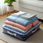 Neatly folded clothes in a vacuum-sealed bag, maximizing space and freshness