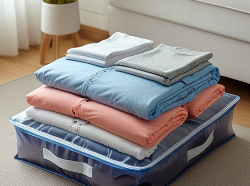Neatly folded clothes in a vacuum-sealed bag, maximizing space and freshness