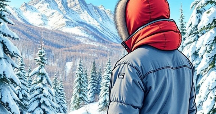 A person wearing an insulated jacket and gloves in a snowy forest, colorful winter landscape with mountains, snow-covered trees, and a clear blue sky