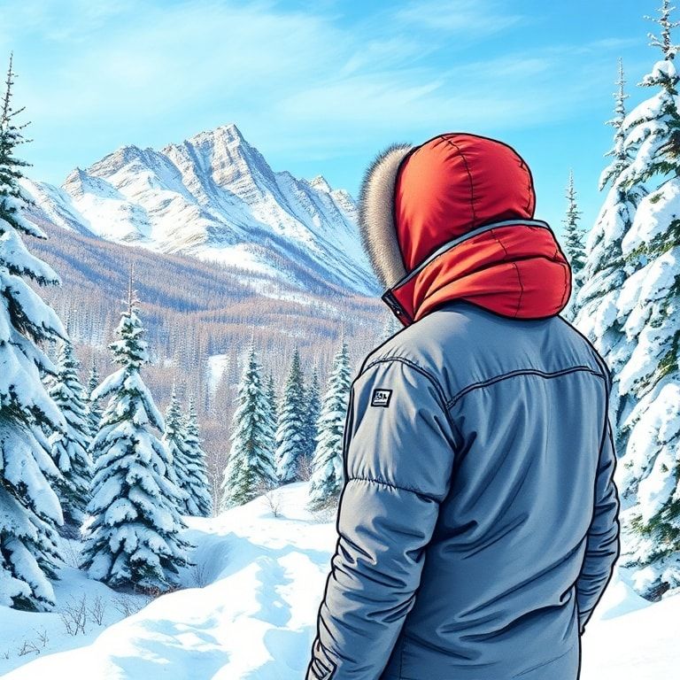 A person wearing an insulated jacket and gloves in a snowy forest, colorful winter landscape with mountains, snow-covered trees, and a clear blue sky