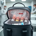 modern thermal bag with vaccines inside, temperature indicator, durable material, easy to carry design, healthcare setting, professional medical equipment, high-quality insulation, portable and reliable, sleek and modern design