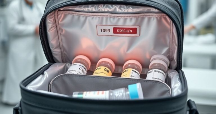 modern thermal bag with vaccines inside, temperature indicator, durable material, easy to carry design, healthcare setting, professional medical equipment, high-quality insulation, portable and reliable, sleek and modern design