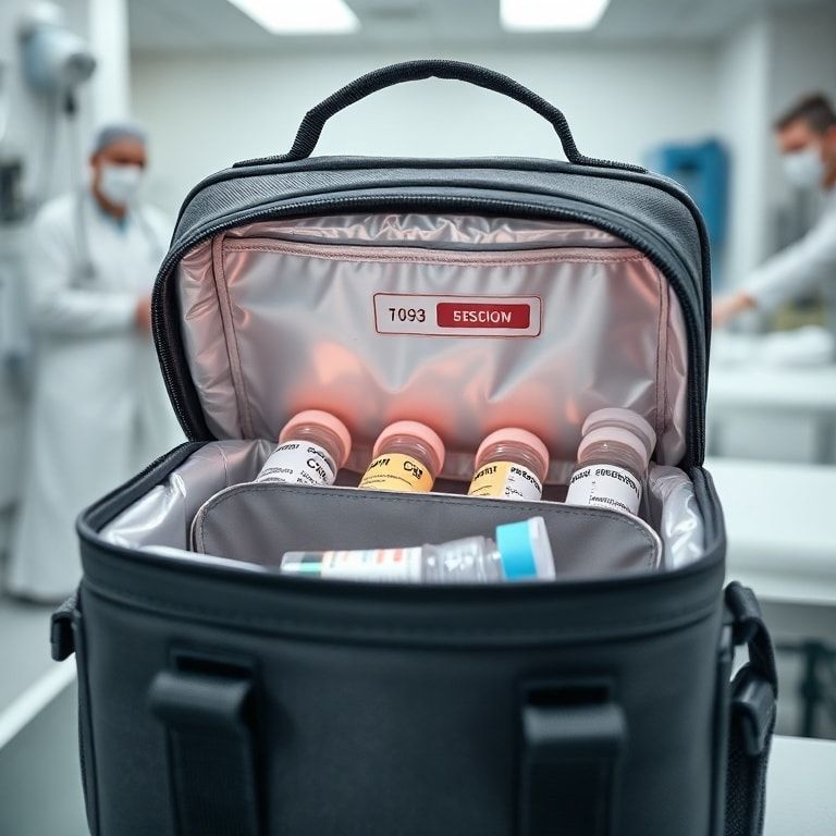modern thermal bag with vaccines inside, temperature indicator, durable material, easy to carry design, healthcare setting, professional medical equipment, high-quality insulation, portable and reliable, sleek and modern design