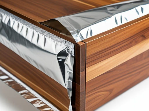 Close-up of a three-sided foil bag being used to package a large wooden furniture piece, highlighting the shiny texture of the foil and the secure sealing of the bag