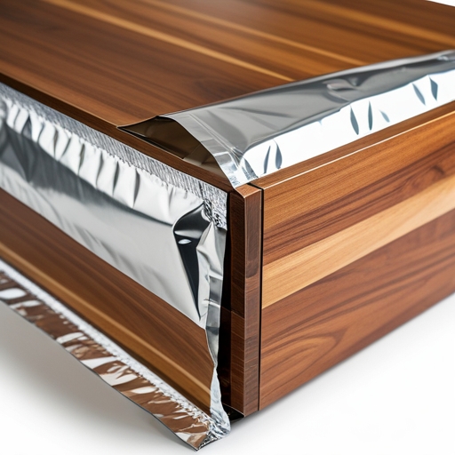 Close-up of a three-sided foil bag being used to package a large wooden furniture piece, highlighting the shiny texture of the foil and the secure sealing of the bag