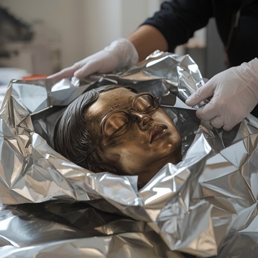 uses - An intricate bronze sculpture being wrapped in a three-sided foil bag by a professional art handler, focusing on the c