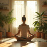 a serene home environment with a person meditating in a sunlit room, surrounded by indoor plants, reflecting calm and wellness, soft natural colors, realistic detail, high resolution
