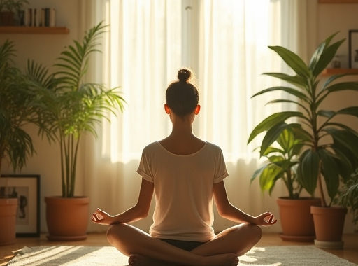 a serene home environment with a person meditating in a sunlit room, surrounded by indoor plants, reflecting calm and wellness, soft natural colors, realistic detail, high resolution