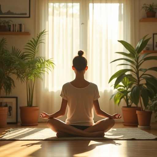 a serene home environment with a person meditating in a sunlit room, surrounded by indoor plants, reflecting calm and wellness, soft natural colors, realistic detail, high resolution