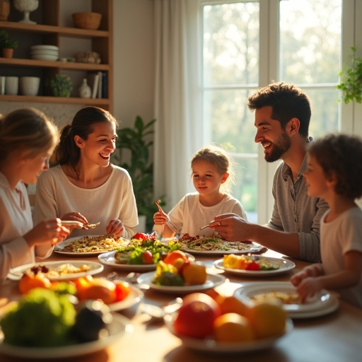 safe - a family enjoying a healthy meal together in a bright dining room, plates filled with colorful vegetables and fruits,