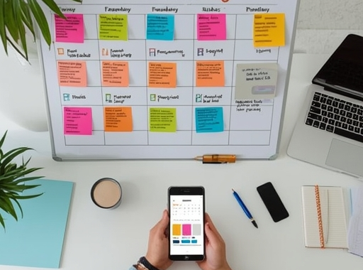 organized desk with to-do list, calendar, and laptop, color-coded task list on a whiteboard, productivity app interface with task prioritization features, multitasking person with various work tools, efficient time management concept, creative workspace with motivational quotes, minimalist digital task manager, prioritization matrix diagram