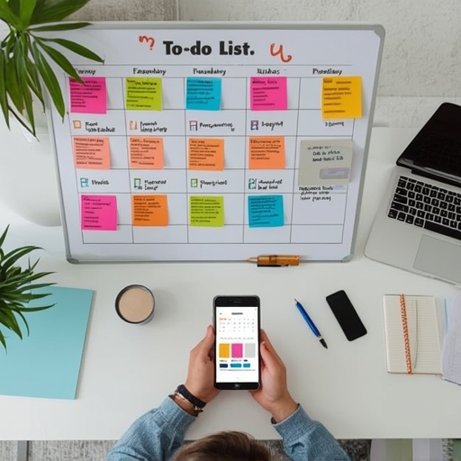 organized desk with to-do list, calendar, and laptop, color-coded task list on a whiteboard, productivity app interface with task prioritization features, multitasking person with various work tools, efficient time management concept, creative workspace with motivational quotes, minimalist digital task manager, prioritization matrix diagram