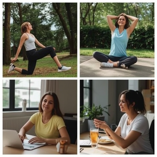 using - person taking a break outdoors, relaxing in nature, stretching exercises at the desk, mindfulness meditation session,