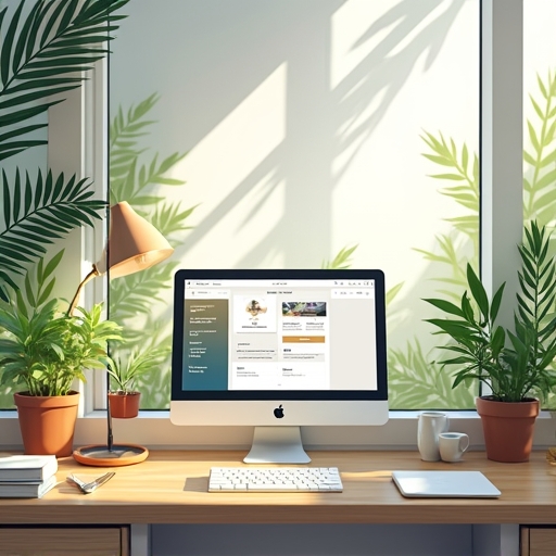 using - productive workspace with plants and natural light, organized digital workspace with motivational quotes, minimalist
