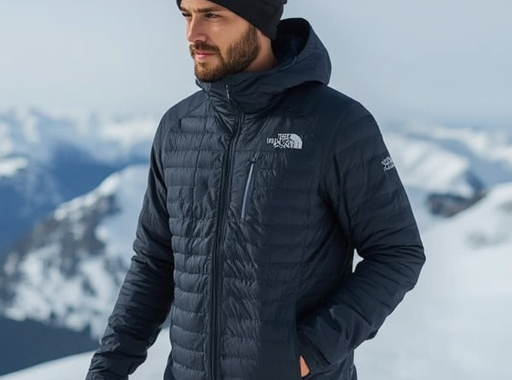North Face Thermoball Eco Jacket in a snowy mountain landscape, showcasing its lightweight design and insulation technology