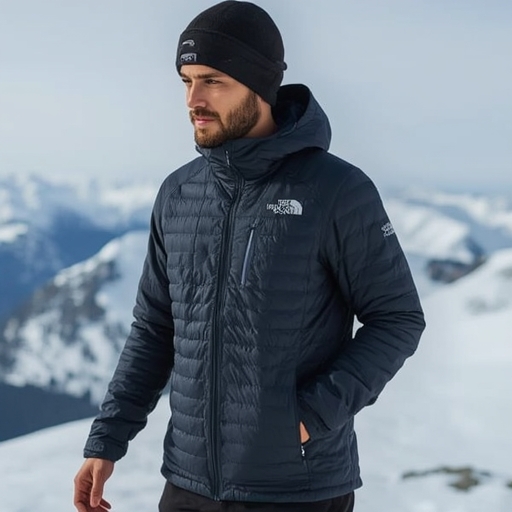North Face Thermoball Eco Jacket in a snowy mountain landscape, showcasing its lightweight design and insulation technology