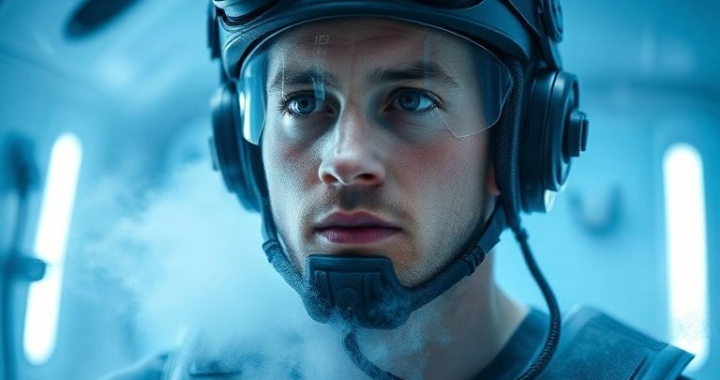 athlete undergoing cryotherapy treatment in a specialized chamber, surrounded by cold mist and wearing protective gear, professional setting with medical equipment and monitoring devices, blue tinted lighting for a futuristic look, high-tech environment, focused and determined expression