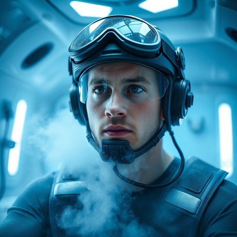 athlete undergoing cryotherapy treatment in a specialized chamber, surrounded by cold mist and wearing protective gear, professional setting with medical equipment and monitoring devices, blue tinted lighting for a futuristic look, high-tech environment, focused and determined expression