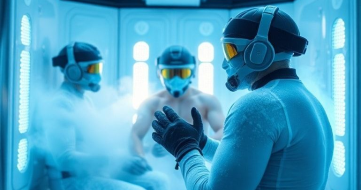 athletes undergoing cryotherapy session in a modern cryo chamber, futuristic blue lights and cold vapor filling the room, athletes wearing protective gear and gloves, high-tech equipment visible