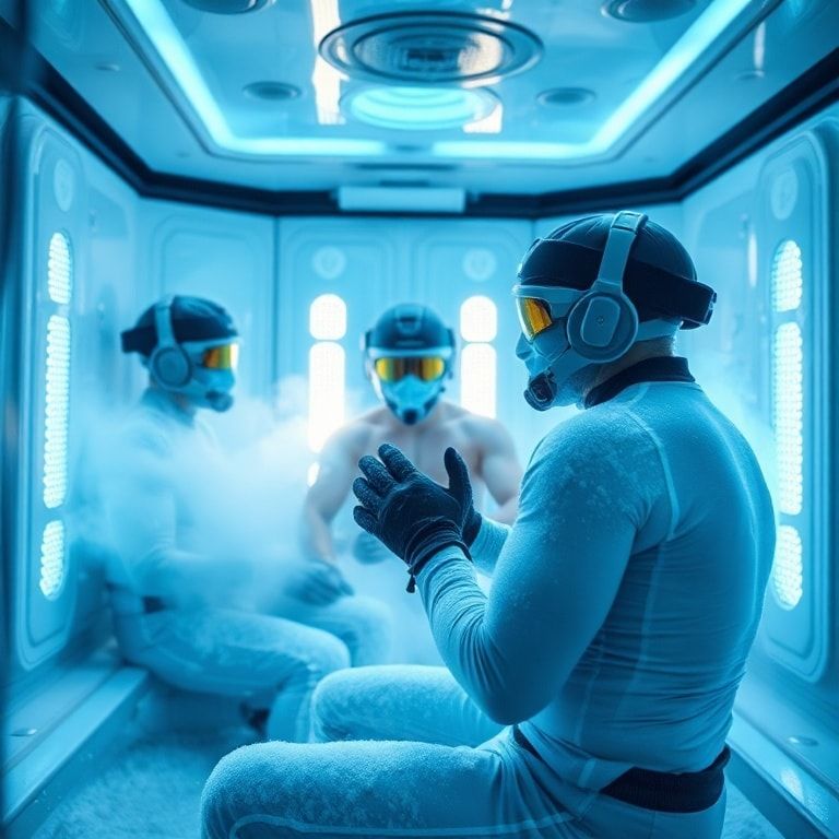 athletes undergoing cryotherapy session in a modern cryo chamber, futuristic blue lights and cold vapor filling the room, athletes wearing protective gear and gloves, high-tech equipment visible