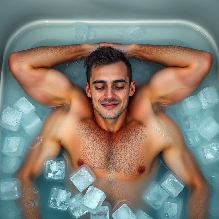 benefits - athlete sitting in an ice bath post-workout, surrounded by ice cubes and cold water, muscles visibly relaxing, exp