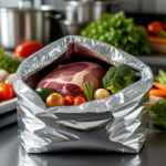 Close-up view of a foil insulated bag filled with various perishables like meats and vegetables, emphasizing the shiny texture of the foil and the freshness of the items, set in a well-organized kitchen environment