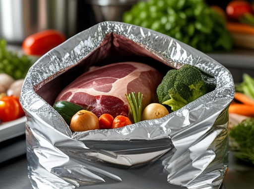 Close-up view of a foil insulated bag filled with various perishables like meats and vegetables, emphasizing the shiny texture of the foil and the freshness of the items, set in a well-organized kitchen environment