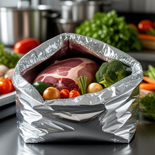 Close-up view of a foil insulated bag filled with various perishables like meats and vegetables, emphasizing the shiny texture of the foil and the freshness of the items, set in a well-organized kitchen environment