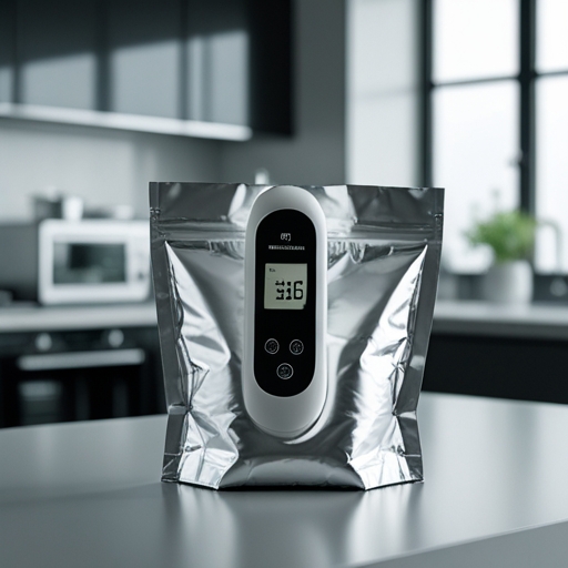 storing - Digital thermometer placed inside a foil insulated bag monitoring the temperature, set in a modern kitchen environm