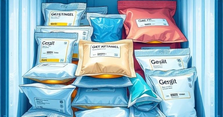 Detailed close-up of various medical gel packs in different sizes and colors, showcasing their robust outer packaging and the viscous gel inside, arranged neatly in a temperature-controlled pharmaceutical shipping container, sterile laboratory environment, cool blue and white lighting, technical illustration style, ultra realistic, highly detailed, 8k quality, photorealistic