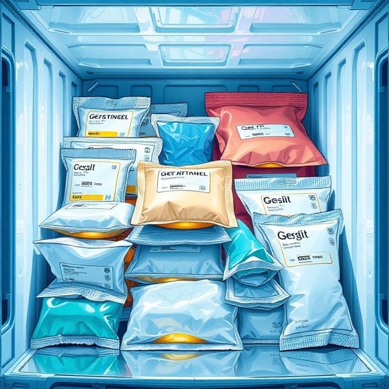 Detailed close-up of various medical gel packs in different sizes and colors, showcasing their robust outer packaging and the viscous gel inside, arranged neatly in a temperature-controlled pharmaceutical shipping container, sterile laboratory environment, cool blue and white lighting, technical illustration style, ultra realistic, highly detailed, 8k quality, photorealistic