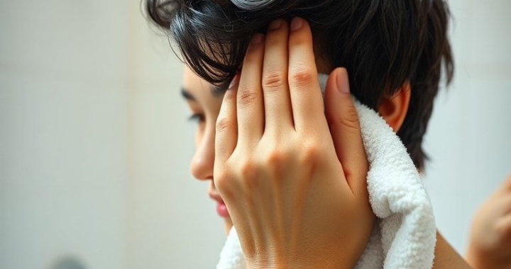 A close-up of a person gently towel-drying their short, dark hair after a shower, water droplets visible on strands, in a bright, clean bathroom with soft focus on the background. The towel is a fluffy white, and the person's hand is visible, indicating a careful, non-abrasive motion. Natural light, soft colors, high detail, photorealistic.