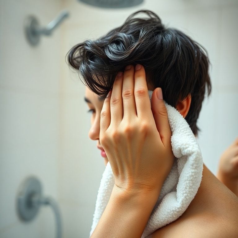 A close-up of a person gently towel-drying their short, dark hair after a shower, water droplets visible on strands, in a bright, clean bathroom with soft focus on the background. The towel is a fluffy white, and the person's hand is visible, indicating a careful, non-abrasive motion. Natural light, soft colors, high detail, photorealistic.