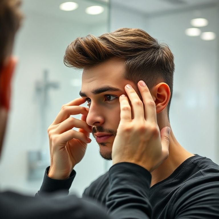 A man with short, textured hair using his fingertips to style and shape his hair after applying gel, looking into a mirror in