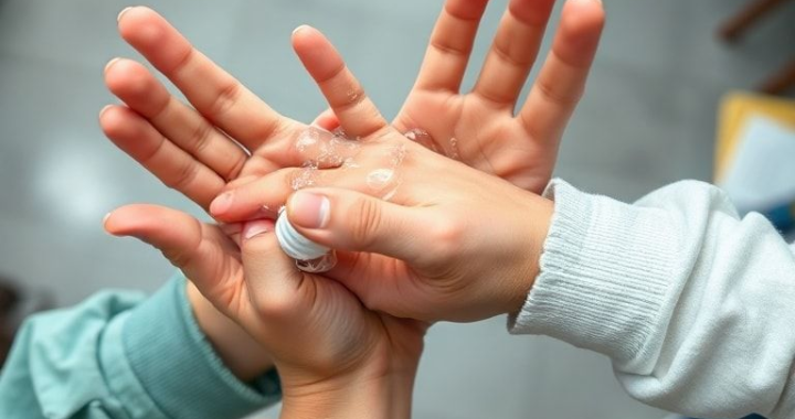 A close-up, high-angle shot of hands vigorously rubbing effective alcohol-based hand sanitizer. The gel is visible, spreading across palms, fingers intertwined. Background is blurred, suggesting a public space like an office or school. Bright, clean lighting, focus on hands, educational and practical tone.