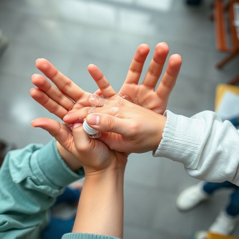 A close-up, high-angle shot of hands vigorously rubbing effective alcohol-based hand sanitizer. The gel is visible, spreading across palms, fingers intertwined. Background is blurred, suggesting a public space like an office or school. Bright, clean lighting, focus on hands, educational and practical tone.