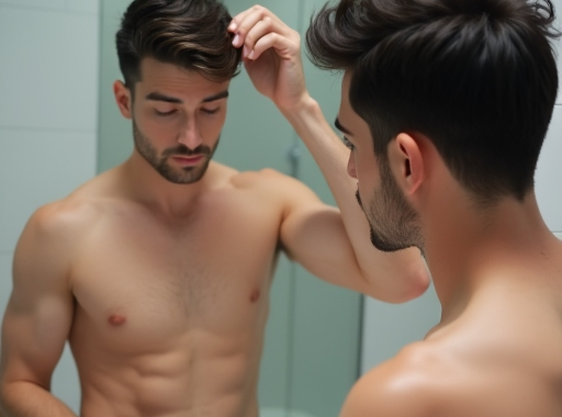 A man with short, neatly styled dark hair applying hair gel. He is looking into a mirror, gently running his fingers through his hair to distribute the product. The bathroom is bright and modern, with a white sink and a large mirror. Focus on the hands and hair, showing a natural, non-sticky application. Soft, even lighting, photorealistic, high detail, 8k quality.