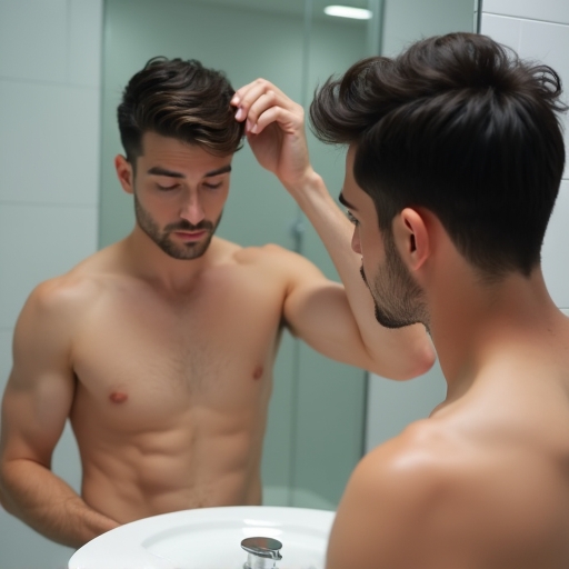 A man with short, neatly styled dark hair applying hair gel. He is looking into a mirror, gently running his fingers through his hair to distribute the product. The bathroom is bright and modern, with a white sink and a large mirror. Focus on the hands and hair, showing a natural, non-sticky application. Soft, even lighting, photorealistic, high detail, 8k quality.