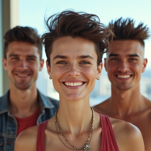 perfect - A diverse group of young adults, both male and female, showcasing various trendy hairstyles achieved with hair gel.