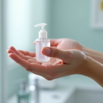 A person demonstrating the seven steps of proper hand sanitizing technique, with clear focus on each hand movement. The setting is clean and bright, possibly a modern clinic or home bathroom, with soft, natural lighting. The person has clean hands and is using a clear alcohol-based hand sanitizer. Educational, detailed, photorealistic, 8k quality.
