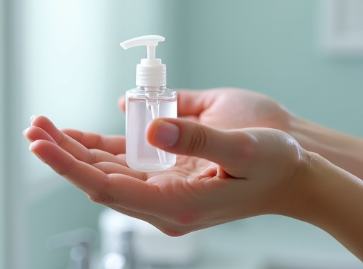 A person demonstrating the seven steps of proper hand sanitizing technique, with clear focus on each hand movement. The setting is clean and bright, possibly a modern clinic or home bathroom, with soft, natural lighting. The person has clean hands and is using a clear alcohol-based hand sanitizer. Educational, detailed, photorealistic, 8k quality.