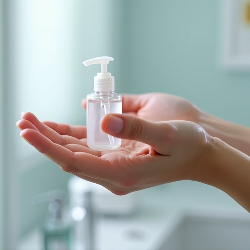 A person demonstrating the seven steps of proper hand sanitizing technique, with clear focus on each hand movement. The setting is clean and bright, possibly a modern clinic or home bathroom, with soft, natural lighting. The person has clean hands and is using a clear alcohol-based hand sanitizer. Educational, detailed, photorealistic, 8k quality.