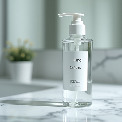 essential - A close-up shot of an elegant, minimalist bottle of hand sanitizer placed on a smooth, reflective surface, perhap